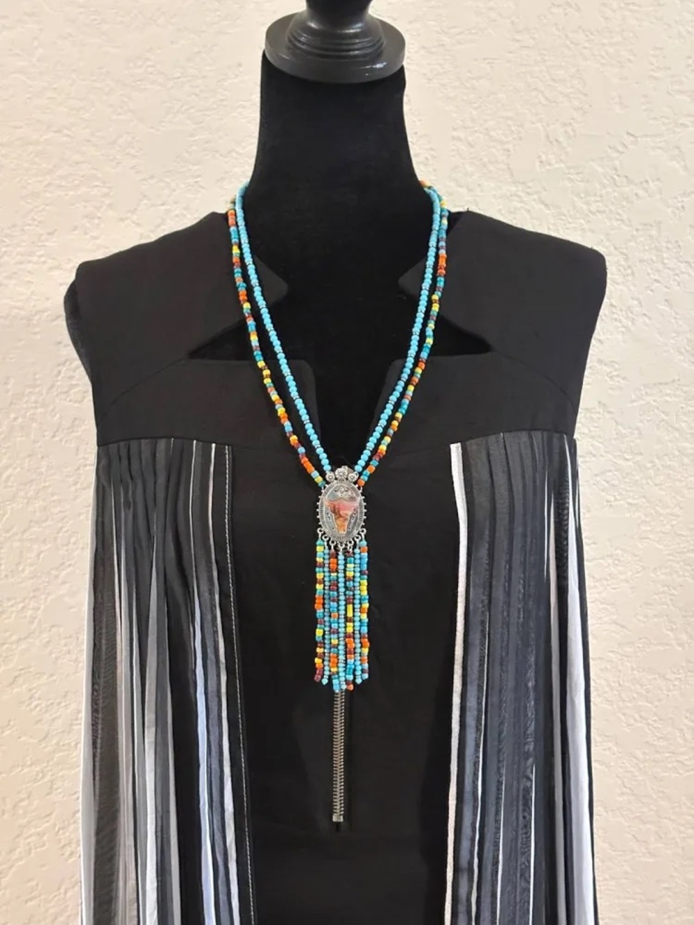 Justin Boots Blue Multicolor Beaded Tassel Necklace